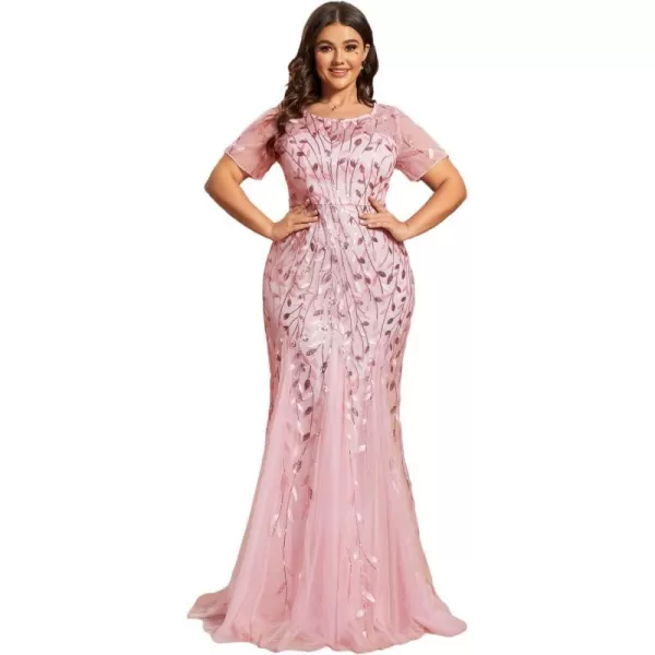 EverPretty Womens Plus Size Sequin Short Sleeves Embroidery Mermaid Maxi Evening Dress 07707PZUSAPink