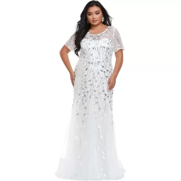 EverPretty Womens Plus Size Sequin Short Sleeves Embroidery Mermaid Maxi Evening Dress 07707PZUSAWhite