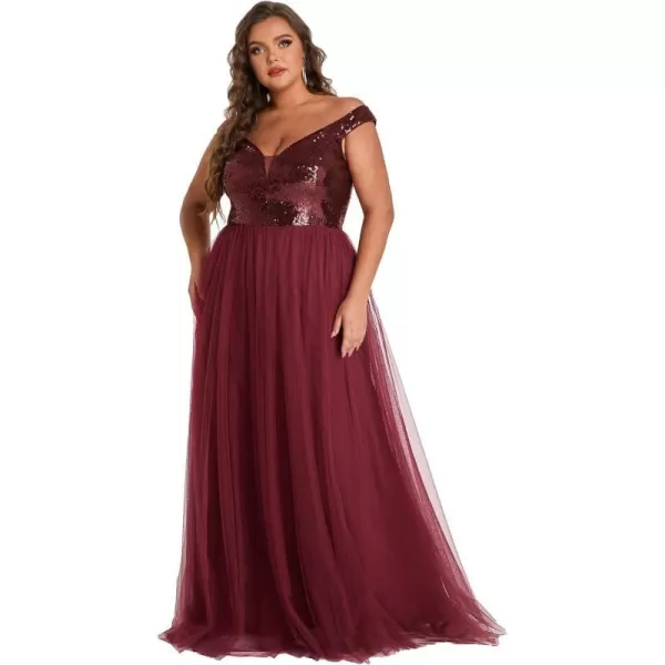 EverPretty Womens Plus Size V Neck Sequin Tulle A Line Formal Evening Dress 0277PZUSABurgundy