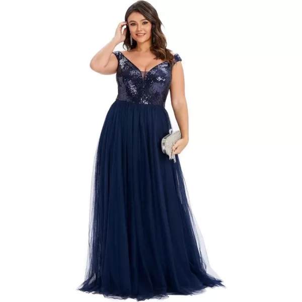 EverPretty Womens Plus Size V Neck Sequin Tulle A Line Formal Evening Dress 0277PZUSANavy Blue