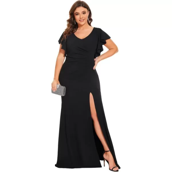 EverPretty Womens Plus Size VNeck Ruffle Sleeves Side Slit Mermaid FloorLength Elastic Evening Dresses 00024PZBlack