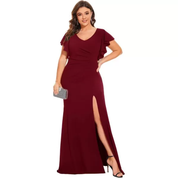 EverPretty Womens Plus Size VNeck Ruffle Sleeves Side Slit Mermaid FloorLength Elastic Evening Dresses 00024PZBurgundy