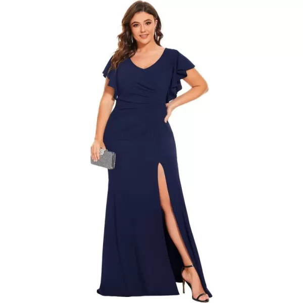 EverPretty Womens Plus Size VNeck Ruffle Sleeves Side Slit Mermaid FloorLength Elastic Evening Dresses 00024PZNavy Blue