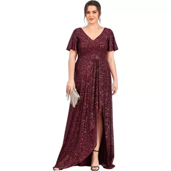 EverPretty Womens Plus Size VNeck Short Sleeves Sequin High Low Seuqin Maxi Evening Party Dresses 01654PZBurgundy