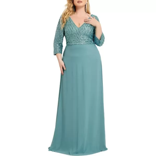 EverPretty Womens Plus Size VNeck Sparkle Evening Dresses with Long Sleeves 0751PZDemin Blue