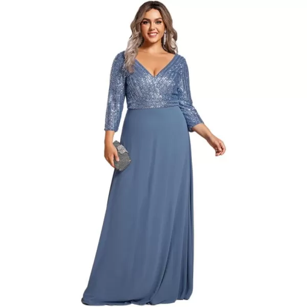 EverPretty Womens Plus Size VNeck Sparkle Evening Dresses with Long Sleeves 0751PZDusty Navy