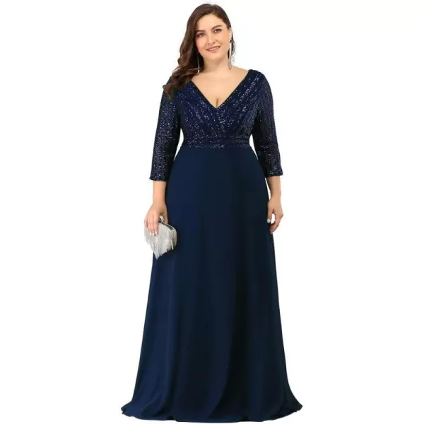 EverPretty Womens Plus Size VNeck Sparkle Evening Dresses with Long Sleeves 0751PZNavy Blue