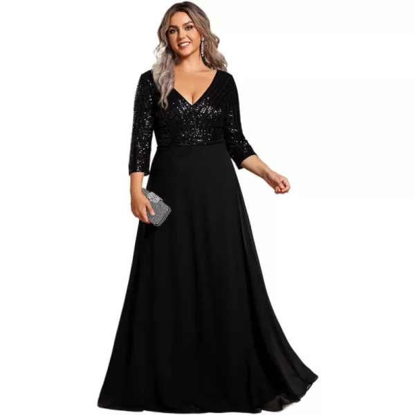 EverPretty Womens Plus Size VNeck Sparkle Sequins Chiffon Long Sleeves Formal Dresses 0751PZBlack