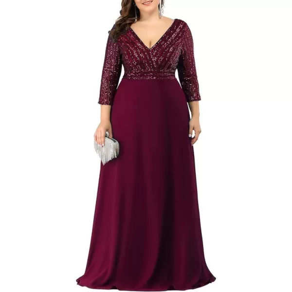 EverPretty Womens Plus Size VNeck Sparkle Sequins Chiffon Long Sleeves Formal Dresses 0751PZBurgundy