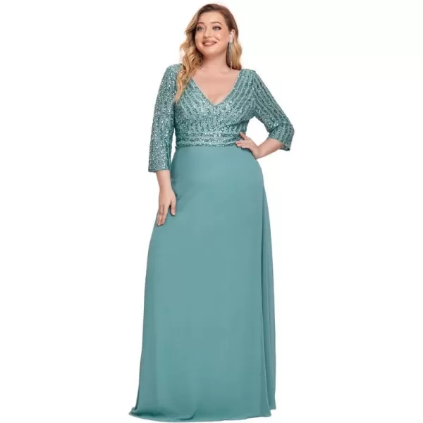 EverPretty Womens Plus Size VNeck Sparkle Sequins Chiffon Long Sleeves Formal Dresses 0751PZDemin Blue