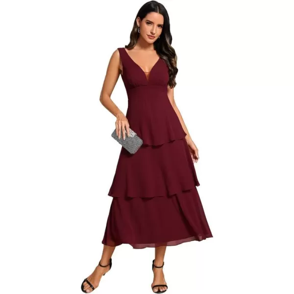 EverPretty Womens Prom Dress A Line V Neck Sleeveless Tiered Layered Midi Wedding Guest Dress 02110Burgundy