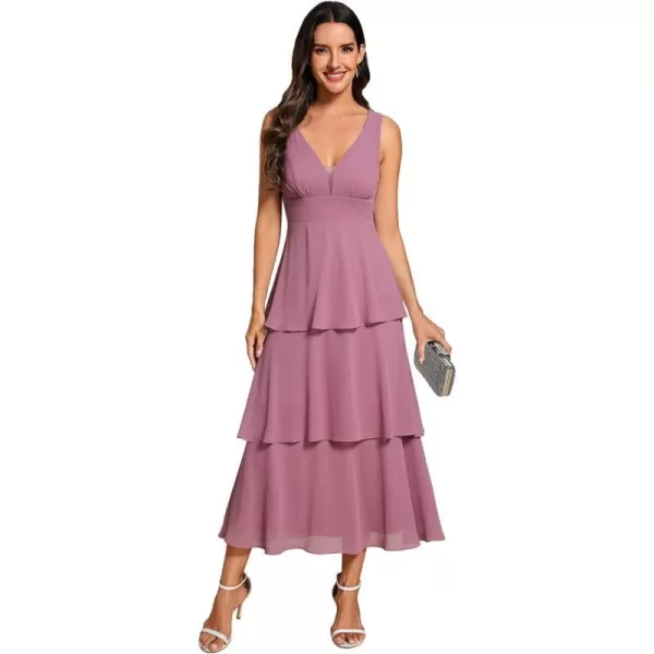 EverPretty Womens Prom Dress A Line V Neck Sleeveless Tiered Layered Midi Wedding Guest Dress 02110Orchid