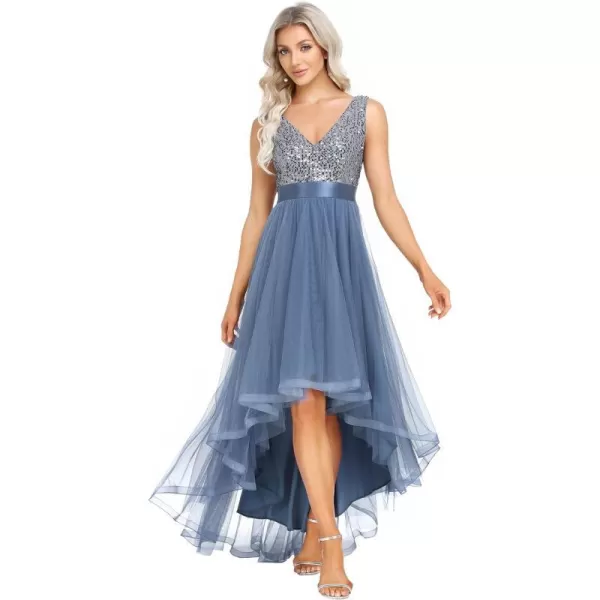 EverPretty Womens Prom Dress Double VNeck Sleeveless Empire Waist Sequin High Low Tulle Formal Dress 0147ADusty Navy