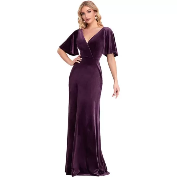 EverPretty Womens Retro Evening Gown A Line VNeck Wrap Velvet Long Formal Dresses 0861Dark Purple