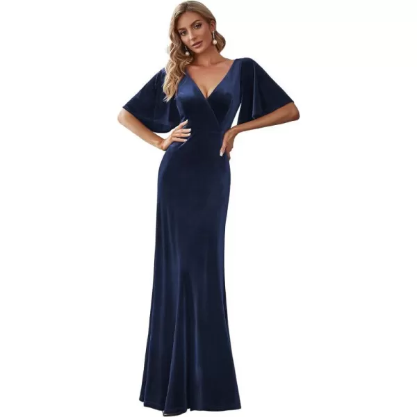 EverPretty Womens Retro Evening Gown A Line VNeck Wrap Velvet Long Formal Dresses 0861Navy Blue