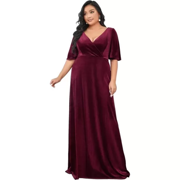 EverPretty Womens Retro VNeck Wrap Velvet Maxi Dress Plus Size Formal Dress 00861Burgundy