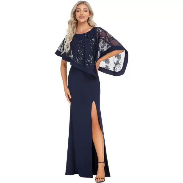 EverPretty Womens Round Neck Half Sleeves High Slit Bodycon Maxi Formal Dresses 70116Navy Blue