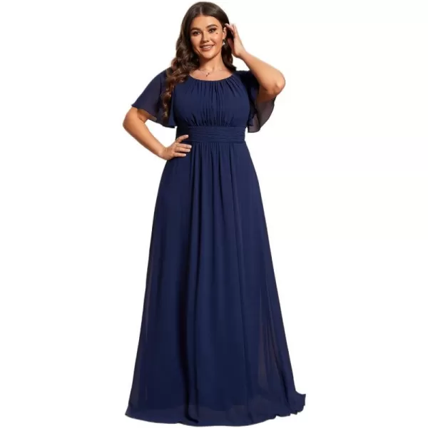 EverPretty Womens Round Neck Long Lantern Sleeve Chiffon Pleated Long Bridesmaid Dresses 0106BBnavy Blue