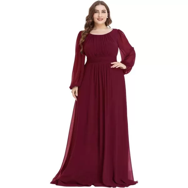 EverPretty Womens Round Neck Long Lantern Sleeve Chiffon Pleated Long Bridesmaid Dresses 0106BBurgundy