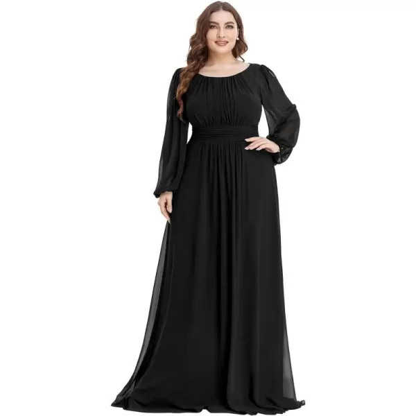 EverPretty Womens Round Neck Long Lantern Sleeves Chiffon Pleated Long Evening Gown Plus Size Formal Dress 0106BDABlack