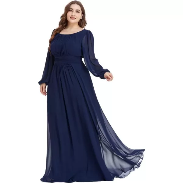 EverPretty Womens Round Neck Long Lantern Sleeves Chiffon Pleated Long Evening Gown Plus Size Formal Dress 0106BDANavy Blue