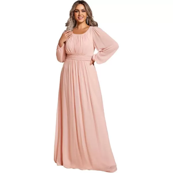 EverPretty Womens Round Neck Long Lantern Sleeves Chiffon Pleated Long Evening Gown Plus Size Formal Dress 0106BDAPink