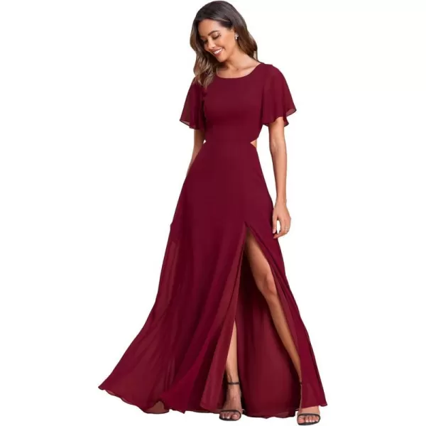 EverPretty Womens Round Neck Ruffles Sleeves Lace Up Back Thigh High Slit Chiffon Maxi Evening Dresses 01384Burgundy