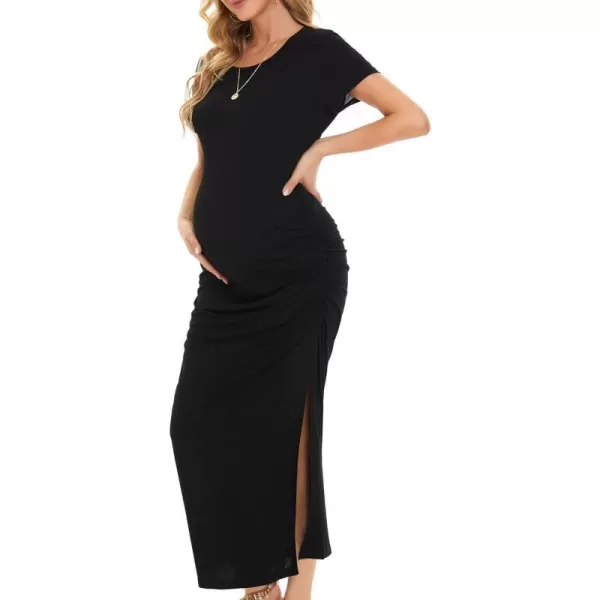 EverPretty Womens Round Neck Short Sleeves Bodycon Ruched Split Floor Length Maternity Causal Dress 40057EYBlack