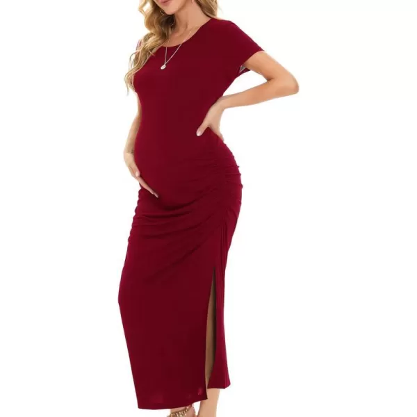 EverPretty Womens Round Neck Short Sleeves Bodycon Ruched Split Floor Length Maternity Causal Dress 40057EYBurgundy