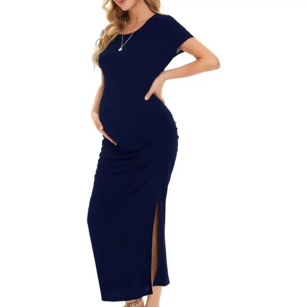 EverPretty Womens Round Neck Short Sleeves Bodycon Ruched Split Floor Length Maternity Causal Dress 40057EYNavy Blue