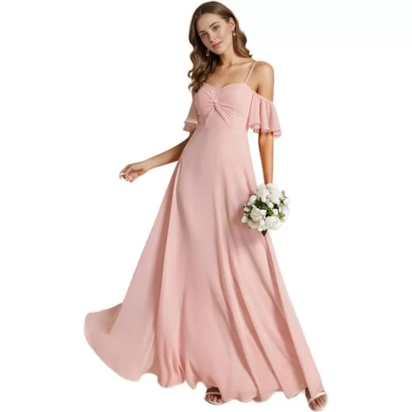 EverPretty Womens Ruffle Sleeve Bridemaid Dress Off Shoulder Pleated A Line Chiffon Long Formal Dress 02013Pink