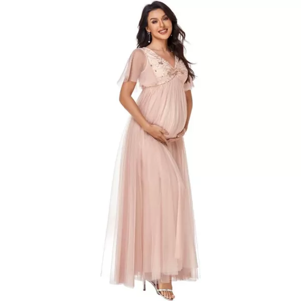 EverPretty Womens Ruffle Sleeve Double V Neck Sequin Pleated A Line Tulle Maternity Photoshoot Dress 01550EYRose Gold