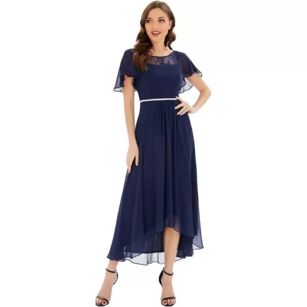 EverPretty Womens Ruffles Sleeve High Low Lace Beaded Chiffon Midi Bridesmaid Gowns Wedding Guest Dress 00465Navy Blue