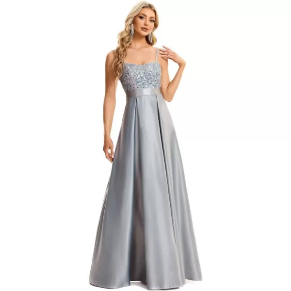 EverPretty Womens Satin Spaghetti Strap Floor Length Summer Sequin Prom Dress 01761Grey