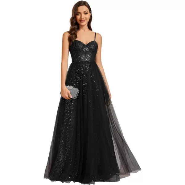 EverPretty Womens Sequin A Line Spaghetti Straps Long Evening Dress 01952Black