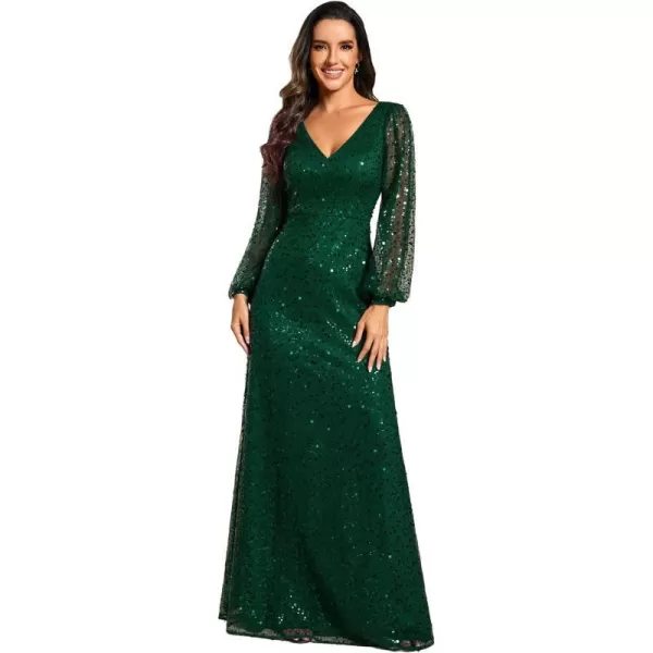 EverPretty Womens Sequin ALine V Neck Beaded Gown Long Sheer Sleeves Cocktail Evening Dresses 01999Dark Green