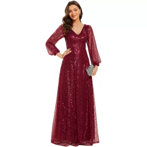 EverPretty Womens Sequin ALine V Neck Beaded Gown Long Sheer Sleeves Cocktail Evening Gown 01999Burgundy