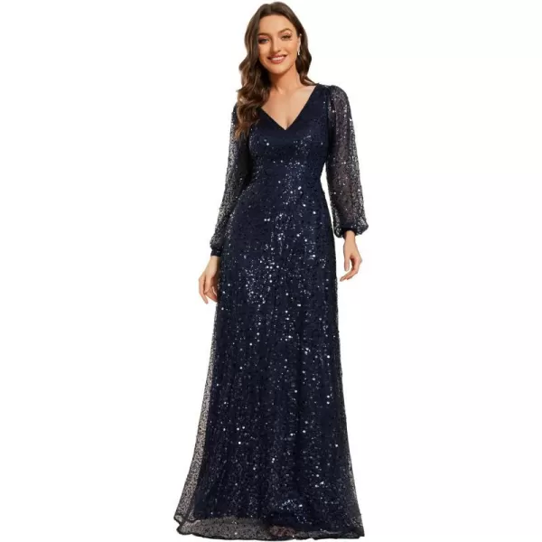 EverPretty Womens Sequin ALine V Neck Beaded Gown Long Sheer Sleeves Cocktail Evening Gown 01999Navy Blue