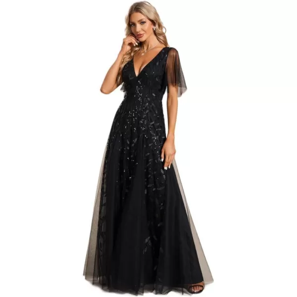 EverPretty Womens Sequin Embroidery VNeck Short Sleeve Maxi Evening Dress Prom Gowns 0734USABlack