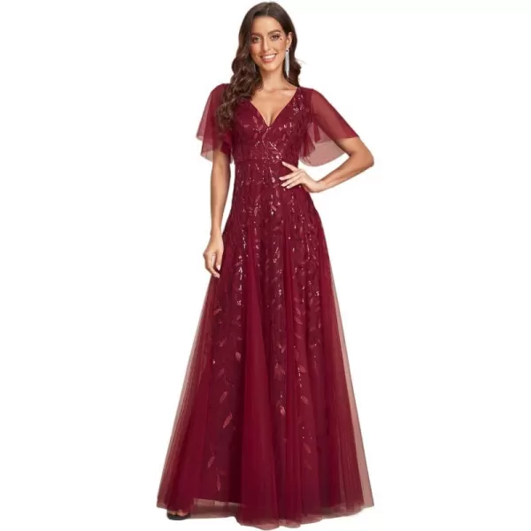 EverPretty Womens Sequin Sparkly VNeck Short Sleeve Maxi Evening Dress Prom Gowns 00734Burgundy