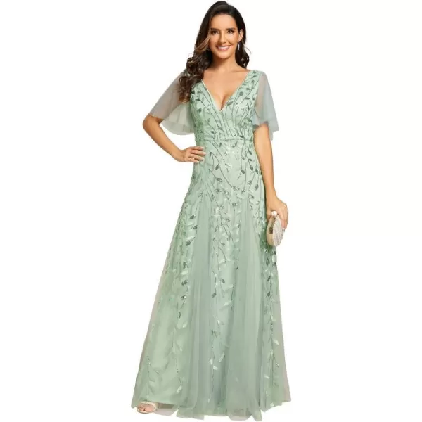 EverPretty Womens Sequin Sparkly VNeck Short Sleeve Maxi Evening Dress Prom Gowns 00734Mint Green