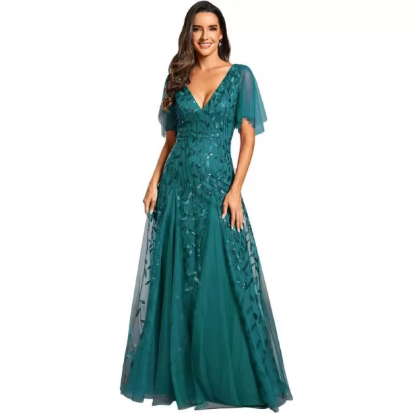 EverPretty Womens Sequin Sparkly VNeck Short Sleeve Maxi Evening Dress Prom Gowns 00734Teal