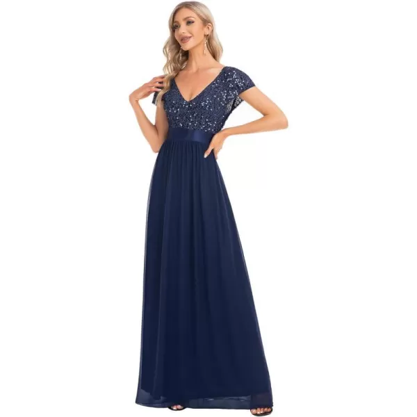 EverPretty Womens Sequin VNeck Aline Short Sleeves Empire Waist Maxi Evening Party Dress 0150ANavy Blue