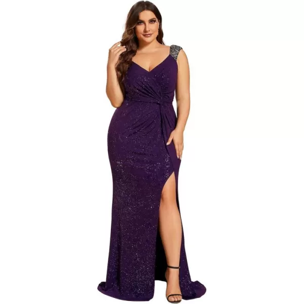 EverPretty Womens Sequin VNeck High Slit Glitter Plus Size Formal Evening Dresses for Curvy Women 01888DADeep Purple