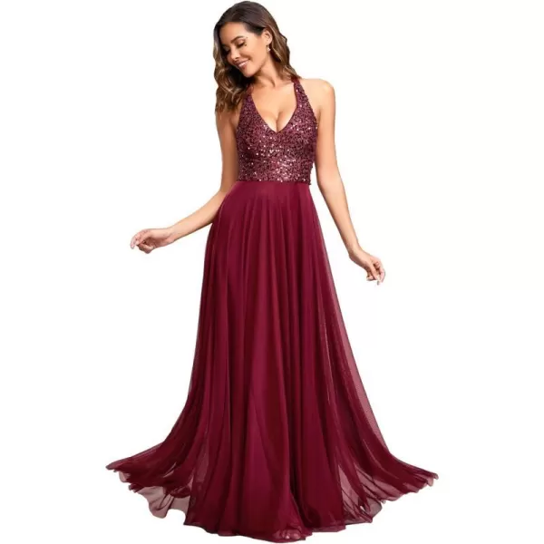 EverPretty Womens Sexy ALine Ruched V Neck Sleeveless Sequin Evening Dresses 01917Burgundy