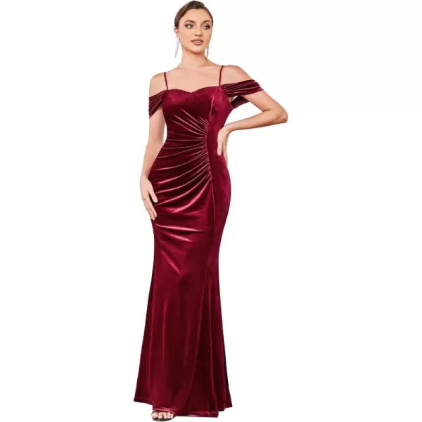 EverPretty Womens Sexy Cold Shoulder Sweetheart Open Back Memaid Maxi Velvet Formal Evening Dress 01450Burgundy