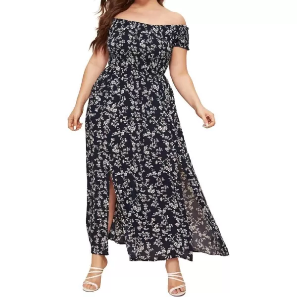 EverPretty Womens Sexy Off Shoulder Side Slit Floral Casual Summer Long Sun Dress 40405Navy Blue