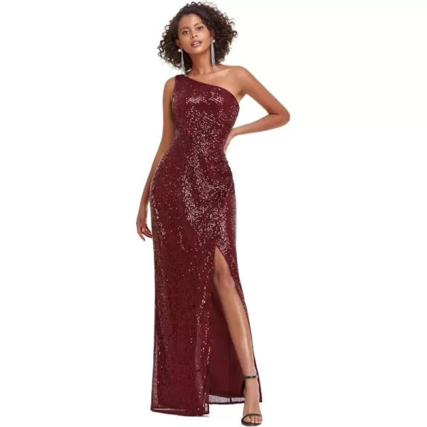 EverPretty Womens Sexy One Shoulder Ruched Slit Bodycon Sequin Evening Dress 00116Burgundy