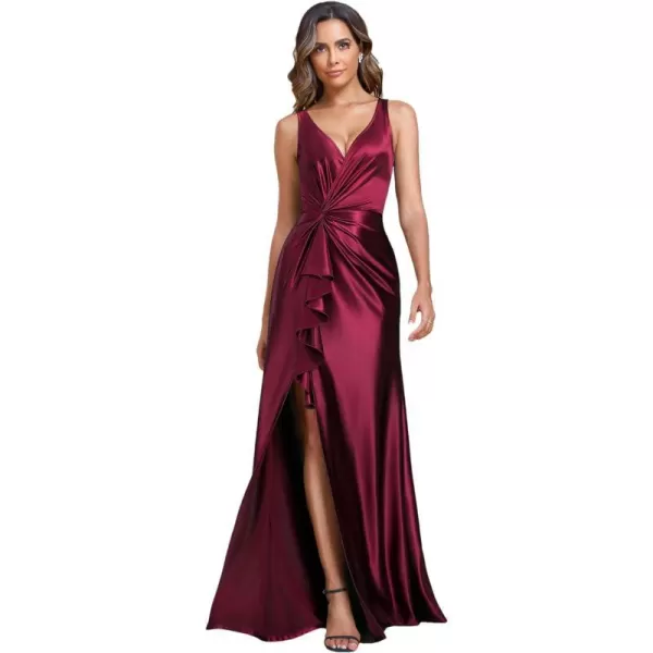 EverPretty Womens Sexy Satin Knot Waist VNeck Evening Dresses with Lotus Leaf 01887Burgundy