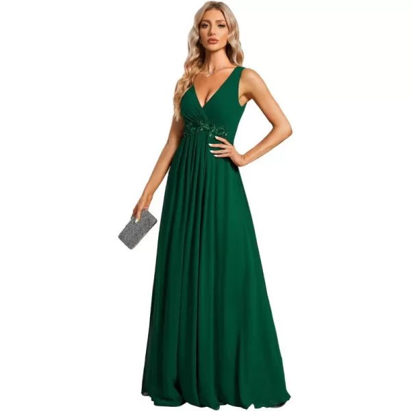 EverPretty Womens Sexy Sleeveless V Neck Appliques Waist Ruched Formal GownsB Dark Green